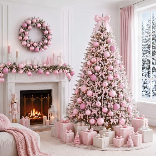 Lunmon 64 Pieces Pink Christmas Ball Ornaments Shiny Pink Xmas Bulbs