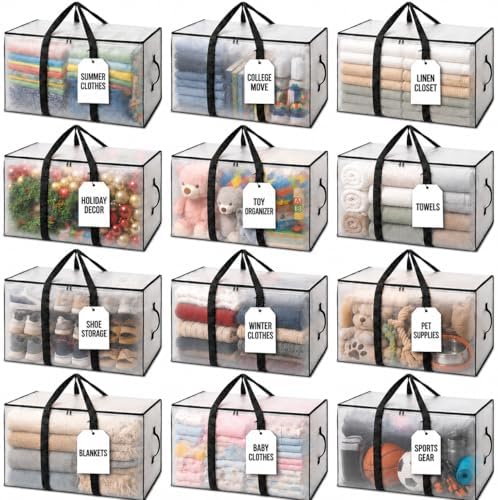ClearSpace Heavy Duty Moving Bags or Storage Bins with Lids, Clear, 12 Pack