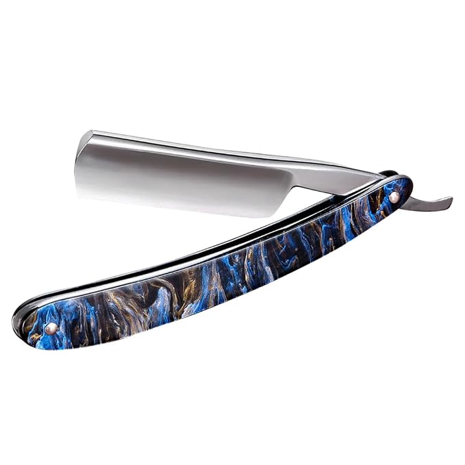 Straight Razor Kit Professional Shave Ready for Men Barber,Straight Edge Razor Carbon Steel Sharp Shaver with Shaving Strop Brush Shaving Cream for Men Home &Grooming Using (Acrylic Blue)