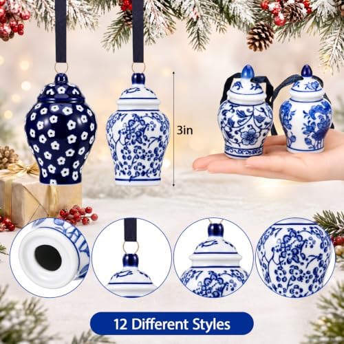 Peryiter 12 Pieces White Blue Christmas Ornaments Chinoiserie Porcelain Christmas Ornaments Mini Ginger Jar for Xmas Tree Decoration(Stylish)