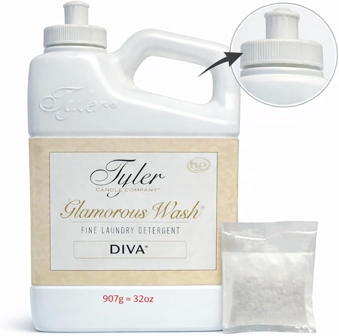 TYLER CANDLE COMPANY Glam Wash Diva 32 Fl Oz Laundry Detergent/with Dryer Sachet Single Pouch, Pull and Pour Spill Proof Cap oh
