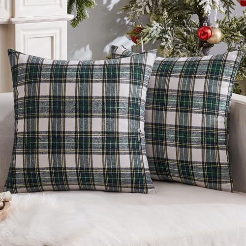 MIULEE Christmas Plaid Pillow Covers Scottish Tartan 26x26 Green and White