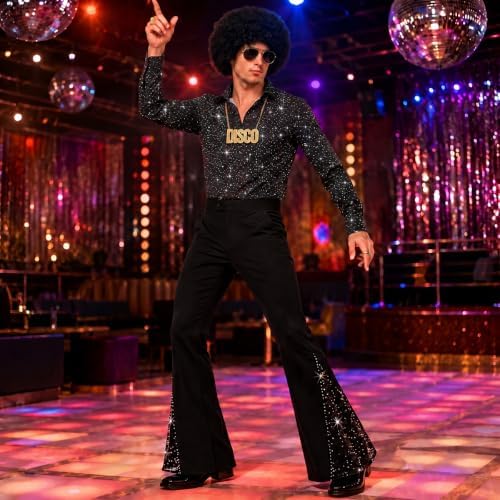 12Pcs 70s Outfits for Men, Disco Costume with Bell Bottom Pants Shirt Set