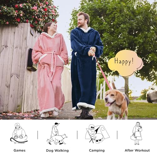Bedsure Wearable Blanket Hoodie Women - Long Sherpa Fleece Hooded Blanket for Adult Women Men, Warm Cozy Blanket Sweatshirt with Giant Pocket and Belt, Winter Gifts for Girlfriend Mom, Standard, Navy