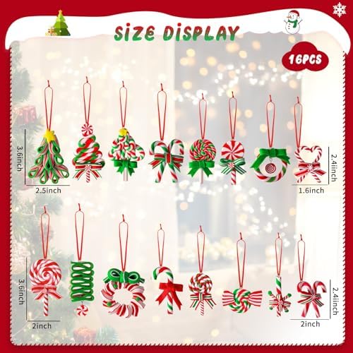 AUGSUN 16Pcs Christmas Lollipop Ornaments, Candy Christmas Tree Decorations Colorful Mini Candy Cane Hanging Ornaments Polymer Clay Peppermint Pendants for Xmas Tree Party Home Decorations