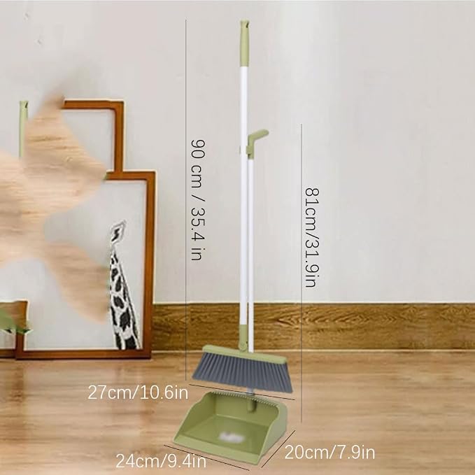 Modern Standing Dustpan and Broom Set for Home Self-Cleaning with Dustpan Teeth and Broom Long Handled Convenient, A Green 2 Pcs