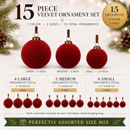Velvet Flocked Christmas Ornaments Set – Premium Shatterproof Christmas Ball Ornaments with Brass Metal Caps, Assorted Sizes for Christmas Tree, Holiday & Seasonal Home Décor (Burgundy Red 15pcs)