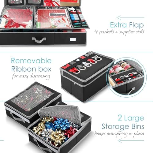 Hearth & Harbor Holiday Storage with Extra 2 PC of Christmas Storage Bins and Ribbon Storage Organizer - Fade Resistant Wrapping Paper Storage Containers with Wheels Fits Up to 30 Rolls of 40" Length