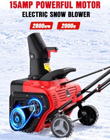 EWORK 20" Corded Snow Blower, 15 Amp Electric Snow Blower w/Dual LED Lights