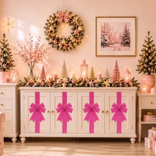 Daifunli 6 Pcs Hot Pink Velvet Christmas Cabinet Bows Ribbons for Kitchen