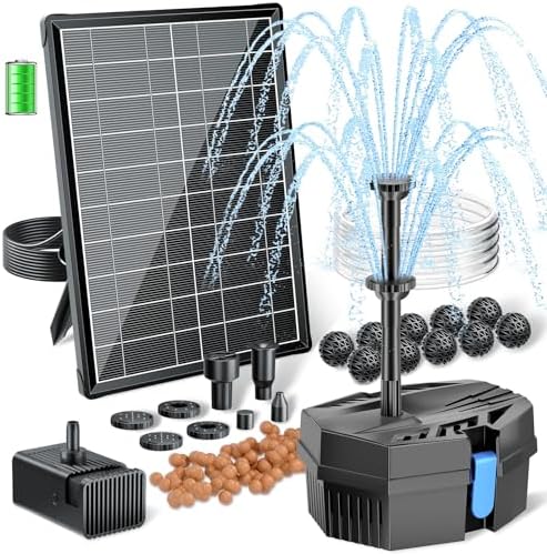 POPOSOAP Solar Fountain Pump with Pond Filter Kit Built-in 3000mAh Battery Backup, 8W Solar Water Fountain Pump, Pond Filters for Outdoor Ponds Bird Baths DIY Water Feature