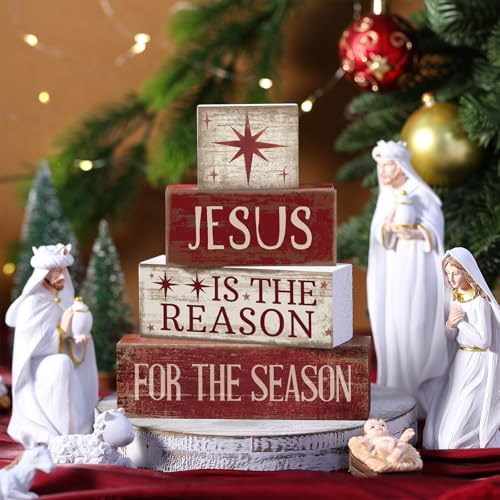 Lineshading 4 Pcs Christmas Table Decor, Wooden Nativity Scene Block Signs