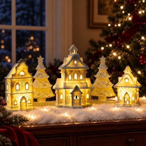 Parsin Gingerbread House Christmas Decorations - 5PC Village Set with Trees
