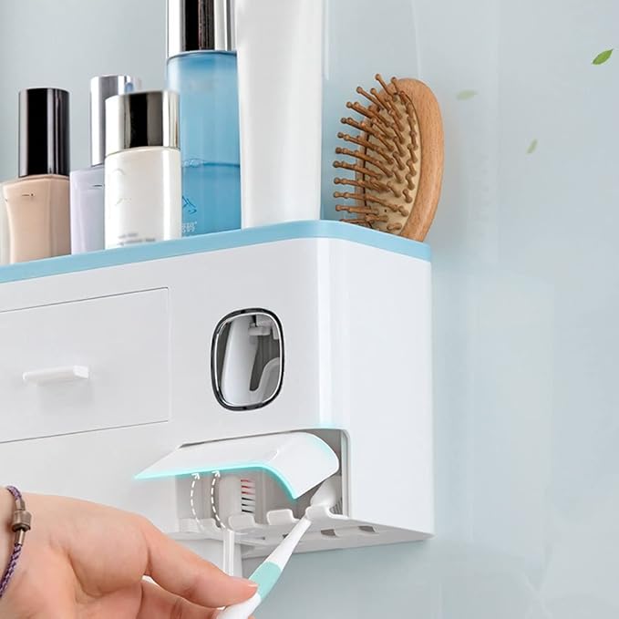 Toothbrush Rack Home Toothbrush Holder Wall Mounted Bathroom Organizer, Toothbrush Holder with Toothpaste Dispenser and Cups Bathroom Toothbrush Holder(B)