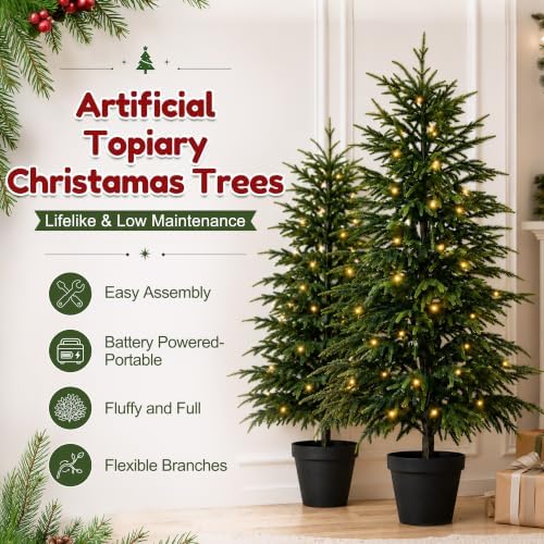 2Pcs 4FT Norfolk Pine Tree with Lights, Christmas Tree for Xmas Decor