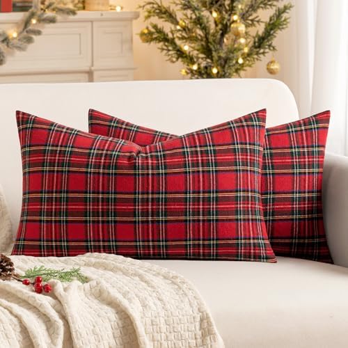 MIULEE Christmas Plaid Pillow Covers Scottish Tartan 12x20 Red