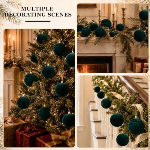 12Pcs Green Velvet Christmas Ornaments 2.36In Balls for Christmas Tree Deco
