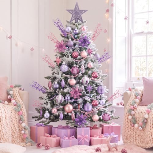 CroBlissful 118 Pcs Pink Purple Christmas Tree Decoration Set Including Ornaments Ball, Mesh Ribbon, Snowflakes Icicle, Top Star, Deer, Flower, Berries Stem Pastel Christmas Decoration for Xmas Trees