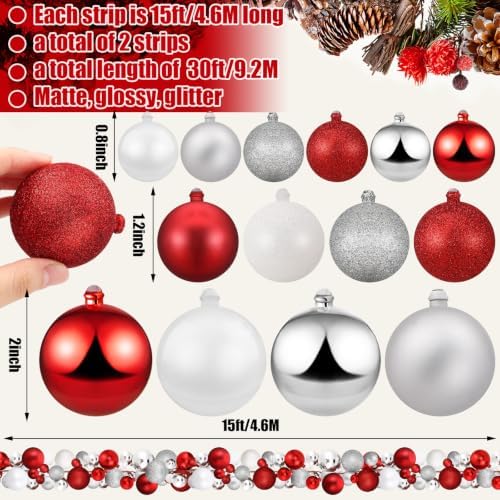 2 Pcs 15 ft Christmas Ball Ornament Garland, Red, White, Silver