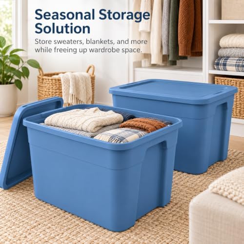 4-Pack 18 Gallon Tote, Stackable Storage Bin with Snap-on Lid, Blue