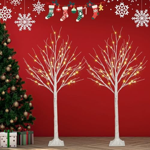 2 Pack 4FT Lighted Birch Trees, 96 LED Twinkling Trees, 2 Lighting Modes