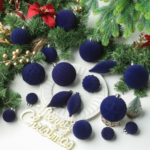 52pcs Velvet Christmas Ball Ornaments, Flocked Shatterproof Christmas Tree Decorations Hanging Xmas Decorative Ornaments Set for Home Party Holiday Decor(Navy Blue)
