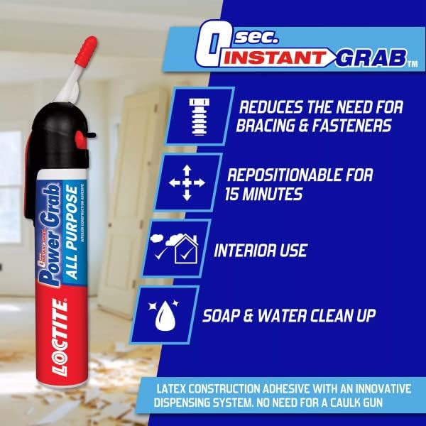 Loctite Power Grab Express All Purpose Construction Adhesive, 7.5 fl oz, 9 Pressure Pack - Versatile Construction Glue for Cement, Tile, Wall & More