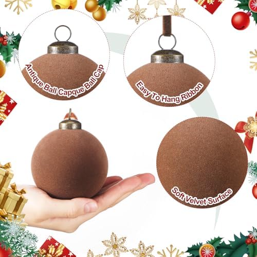 Foilswirl 36 Pcs Brown Velvet Christmas Balls, 2.36", 2.76", 3.15"