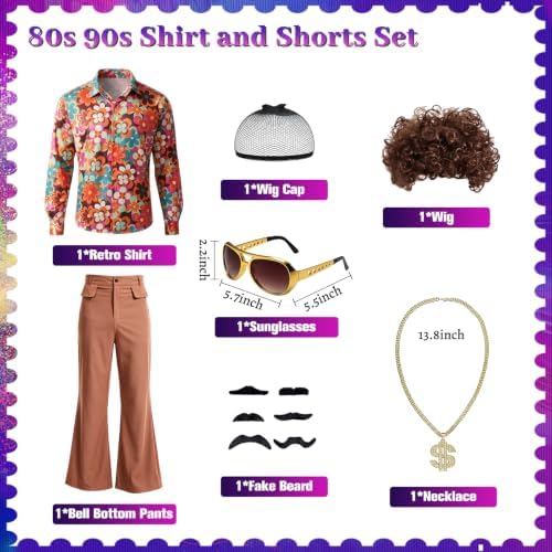 70s Disco Outfit for Men, 7 Pcs Retro Hippie Costume Adults