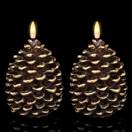 Wondise Flameless Candles with Timer, Battery Operated Flickering 3D Wick Real Wax Pine Cone Candles for Christmas Indoor Decoration, Set of 2, Brown(D3.5 x H6 Inch)