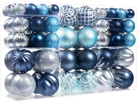 100Pcs Christmas Ball Ornaments Set, Assorted Shatterproof Christmas Ornament, Christmas Tree Theme Hanging Decoration for Xmas Tree Holiday/Party/Home Decor (Blue & Silver)