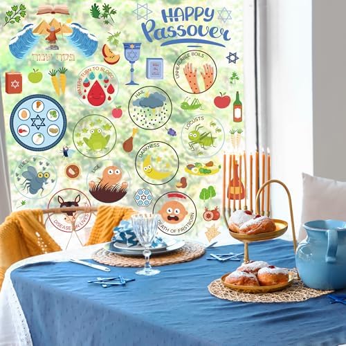 63 PCS Passover Decorations, 9 Sheets Colorful Passover Window Clings with Seder Plates Stars of David Eggs Red Wine Patterns, Double-Sided Jewish Decor for Pesach Party Supplies Home School