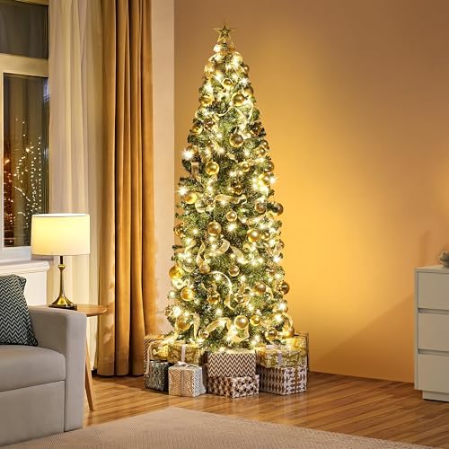 Yaheetech 6ft Pre-lit Artificial Christmas Tree Hinged Spruce Pencil Tree