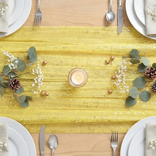 Artoid Mode Light Yellow Gold Gauze Table Runner 59x120 Inch 10FT, Glitter Metallic Foil Sheer Dining Wedding Anniversary Holiday Birthday Table Decor for Home Party