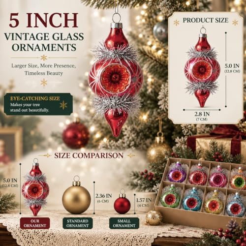 Soulchen 8 Pcs Vintage Glass Christmas Ornaments Reflector for Tree Decor