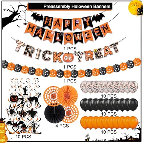 Fecedy Black Orange Happy Halloween Trick or Treat Banner Paper Fan Balloons & Swirl Streamers Goul Bat Cat Bird Ghost Pumpkin Lantern for Halloween Decorations