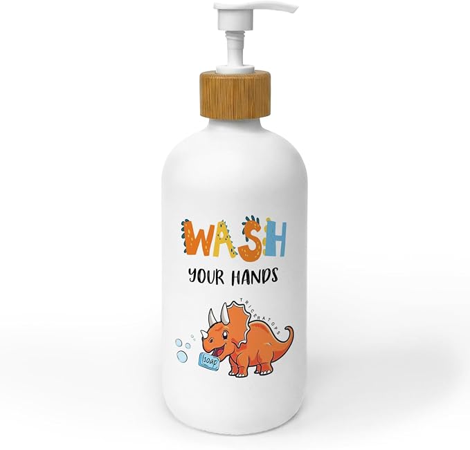 Kids Bathroom Soap Dispenser, Dinosaur Glass Dish Soap Dispenser with Pump for Kitchen, Wash Your Hands Toddler Bathroom Countertop Handsoap Refillable Container