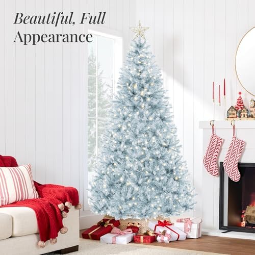 Best Choice Products 6ft Pre-Lit Ice Blue Christmas Tree, Full Artificial Holiday Decoration w/ 947 Branch Tips, 250 Lights, Foldable Base
