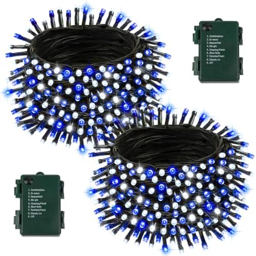 2 Pack 200 LED Battery Operated Christmas Lights, String Light Blue & White