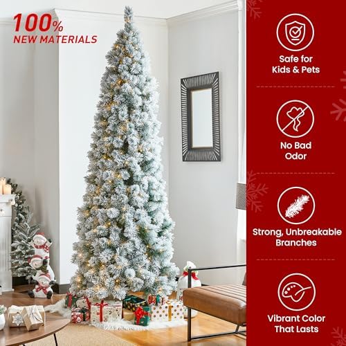 Glitzhome 9ft Prelit Christmas Tree, Flocked Pencil Artificial Christmas Tree with 500 Warm White Lights, Pine Christmas Trees w/Foldable Metal Stand for Home, Office, Party Decoration, Easy Assembly