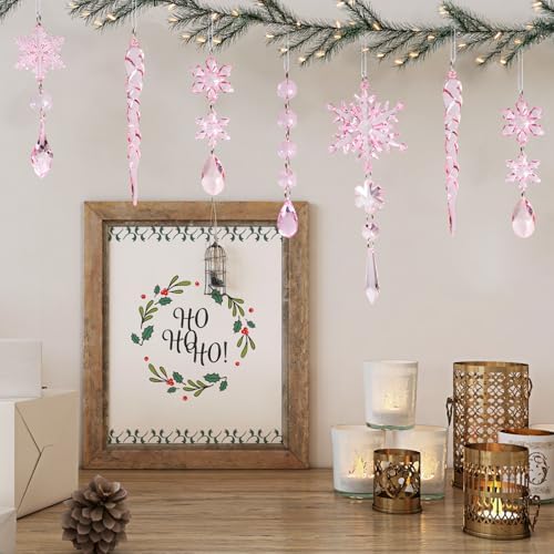 Crystal Christmas Tree Ornaments, Pink Acrylic Snowflake & Icicle, 32pcs
