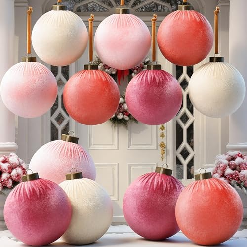 Liliful 12 Pcs Extra Large Velvet Christmas Balls Velvet Ornaments for Christmas Tree Flocked Shatterproof Xmas Tree Balls Bulk for Holiday Party Xmas Trees Hanging Decorations(4 Inch,Pink)
