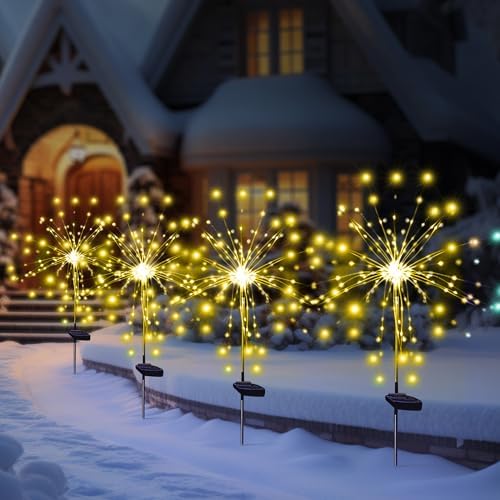 Christmas Solar Garden Firework Lights Outdoor Waterproof 6 Pack Solar Powered Art Stake Twinkle Lighting for Outside Decor, 120 LED Warm White