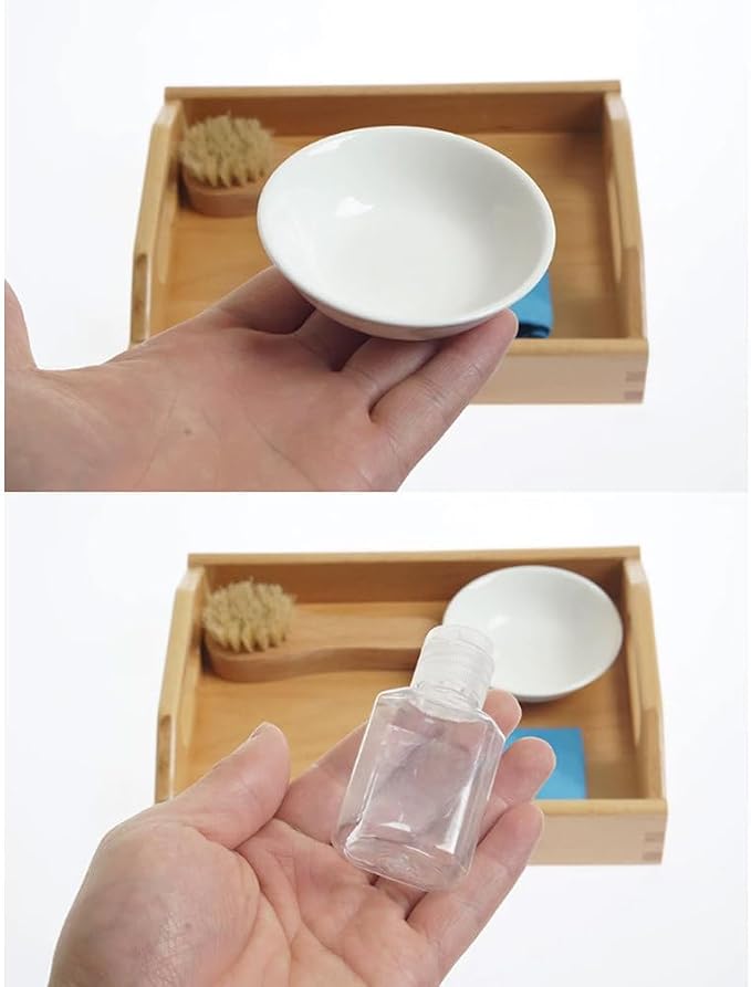 Montessori Shoe Cleaning Practical Life Set, Kids Shoe Washing Work Tray with Wooden Brush, Bowl, Spray Bottle & Cloth