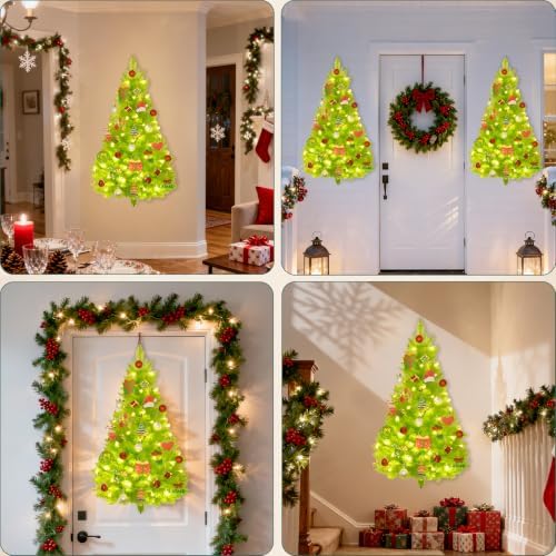 3 FT Wall Christmas Tree, Lime Green Half Christmas Tree Hanging, DIY 1/2 Chrismas Tree for Window with Lights, Ornaments and Hooks, Hainging Xmas Tree for Door, Pet Owners Xmas Decor