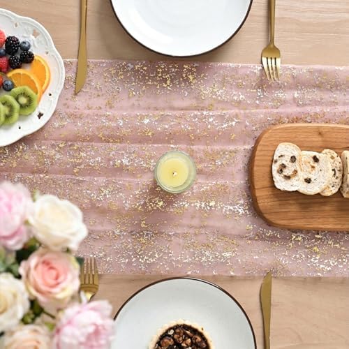 Artoid Mode 2-Pack Gold Gauze Pink Table Runner 10FT, Glitter Metallic Foil Sheer Dining Wedding Anniversary Holiday Birthday Table Decor for Home Party