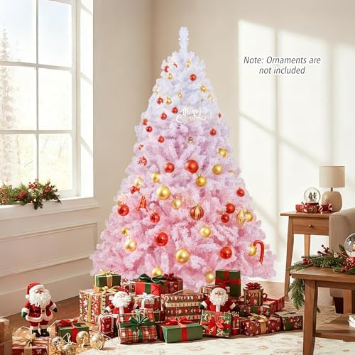 HAPPYGRILL 6 FT Pre-lit Flocked Christmas Tree Pink Hinged Xmas Tree with 820 Branch Tips, 250 Warm White LED Lights & Folding Metal Stand, for Home Office Carnival