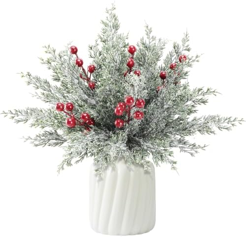 30 Pcs Artificial Christmas Snow Pine Branches Red Berry Stems Faux Sprigs