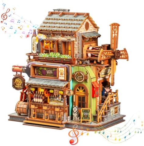 OZJAY Corner Tavern DIY Miniature House Kit, 3D Wooden Puzzle for Adults