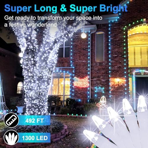 492FT Outdoor Christmas Lights, 1300 LED Super Long String Lights 8 Lighting Modes & Timer Memory, Outsite Waterproof Light Strings for Xmas Tree Garden Wedding Party Holiday Decorations Cool White
